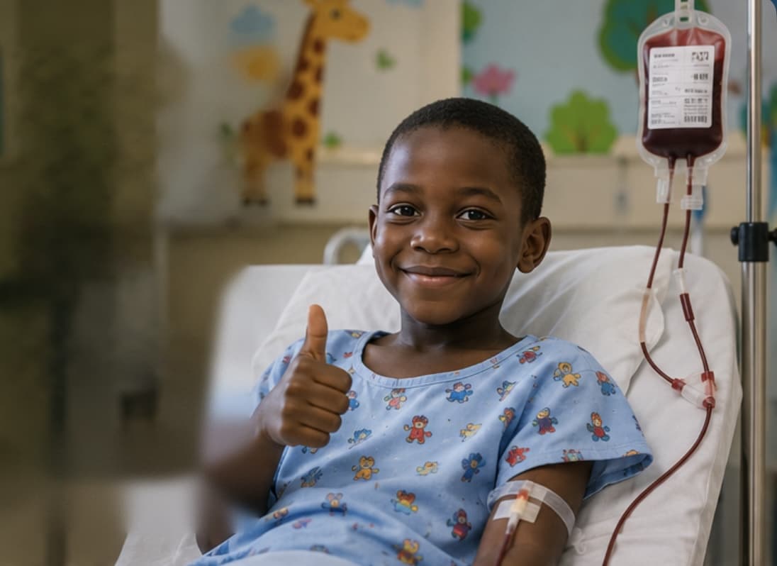 A child living with sickle cell disease receiving a blood transfusion